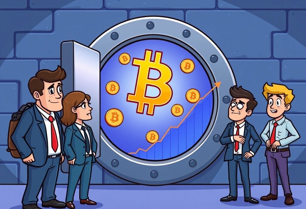 A cartoon illustration showing secure institutional staking of Bitcoin and Core assets, highlighting growth and secure investment.