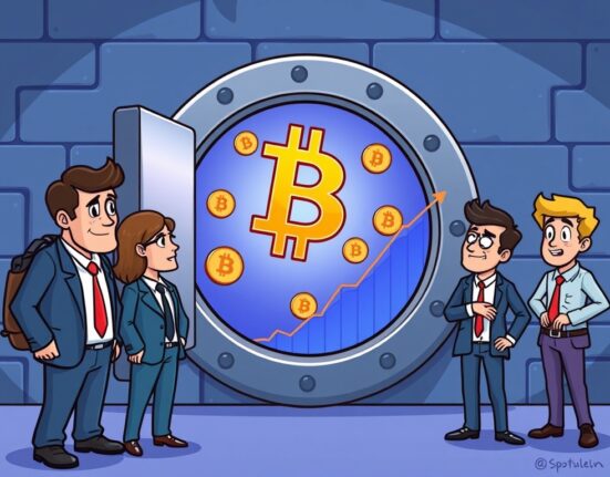A cartoon illustration showing secure institutional staking of Bitcoin and Core assets, highlighting growth and secure investment.