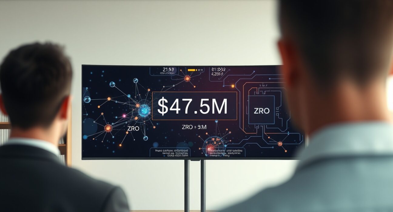 Institutional analysis of ZRO token accumulation and blockchain transaction data on a professional monitor.