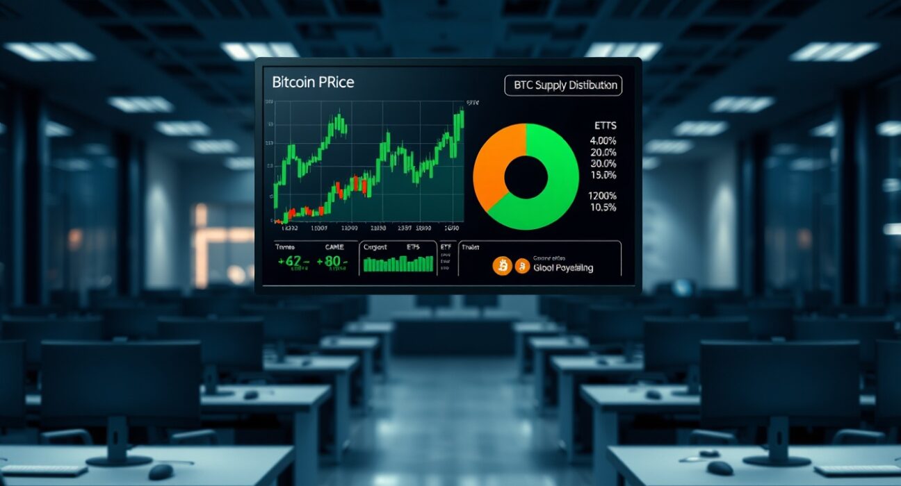 Digital screen showing Bitcoin price chart and supply distribution pie chart in a financial newsroom
