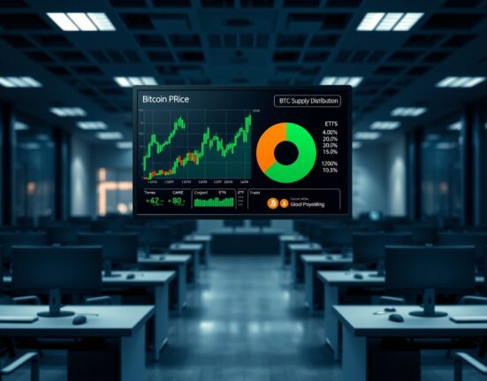 Digital screen showing Bitcoin price chart and supply distribution pie chart in a financial newsroom