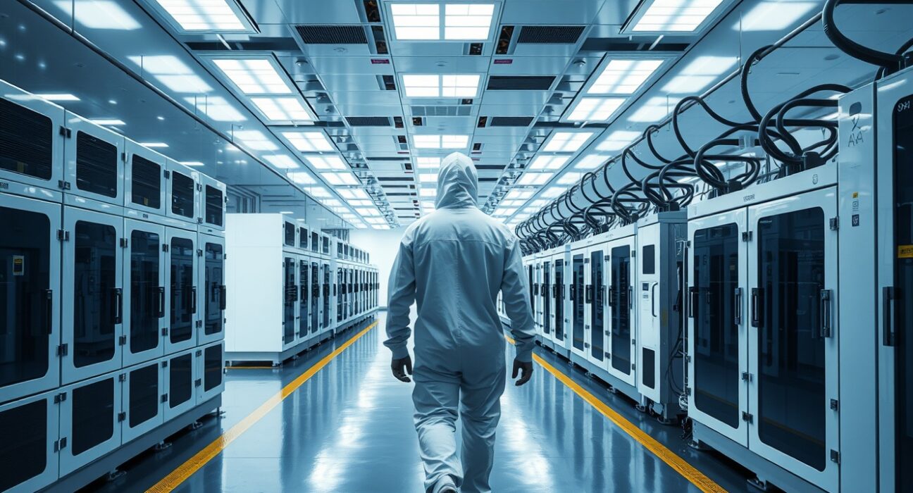 A person in a cleanroom suit walking through a semiconductor fab facility, representing Intel's manufacturing turnaround.