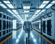 A person in a cleanroom suit walking through a semiconductor fab facility, representing Intel's manufacturing turnaround.