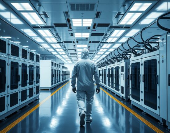 A person in a cleanroom suit walking through a semiconductor fab facility, representing Intel's manufacturing turnaround.