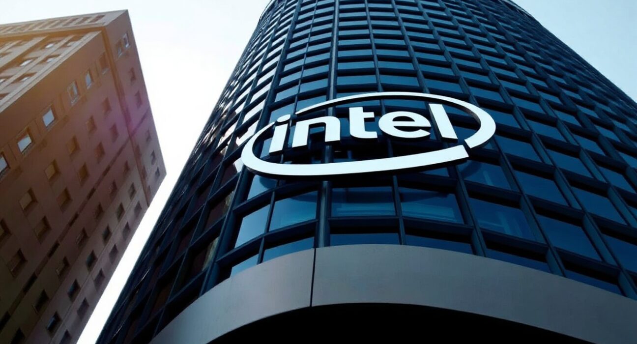 Intel headquarters with logo under clear sky, representing the company's $15 billion equity raise announcement.