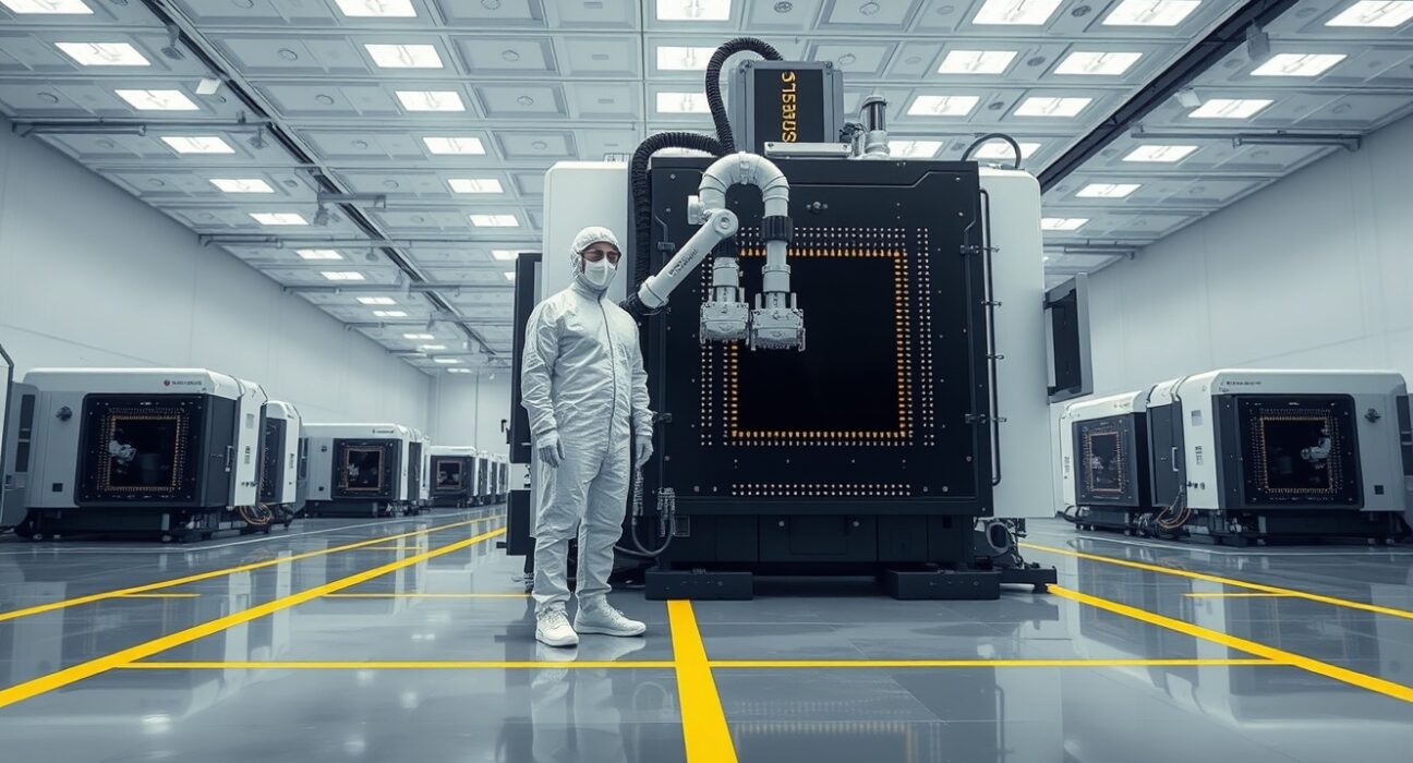 Technician in Intel and SpaceX Terafab chip factory clean room manufacturing AI semiconductors.