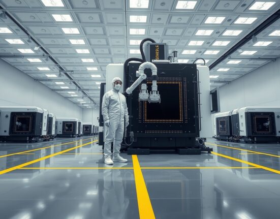 Technician in Intel and SpaceX Terafab chip factory clean room manufacturing AI semiconductors.