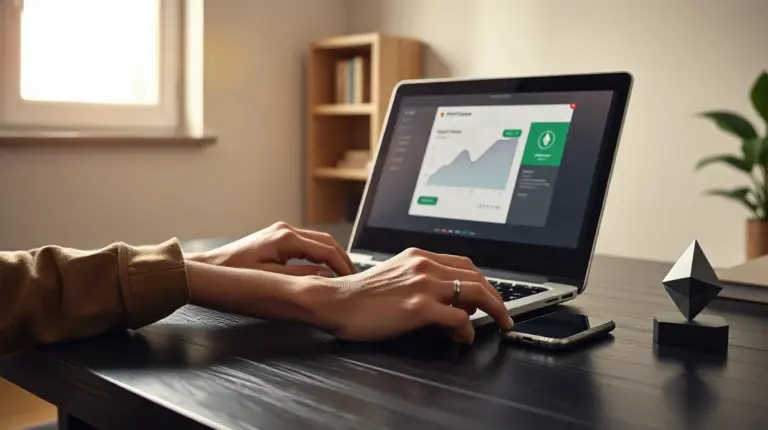 Home-office laptop and phone showing an upward-sloping digital balance chart, illustrating an online brokerage's new Ethereum staking feature.