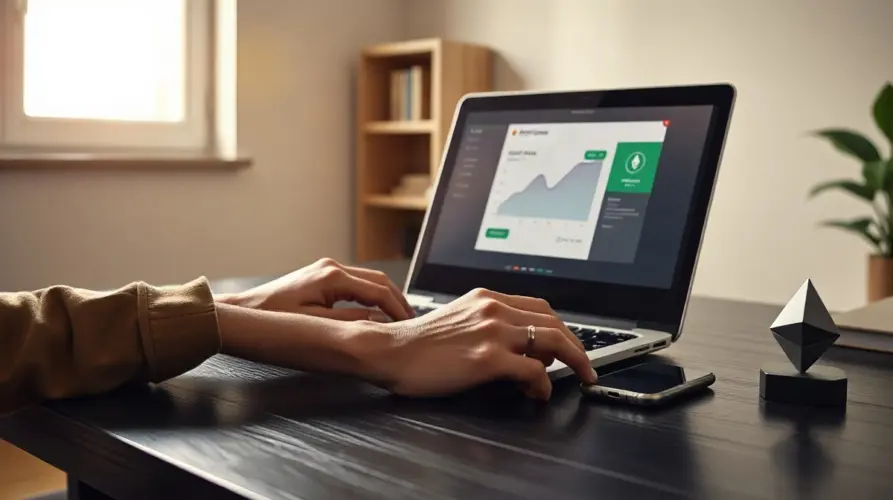 Home-office laptop and phone showing an upward-sloping digital balance chart, illustrating an online brokerage's new Ethereum staking feature.