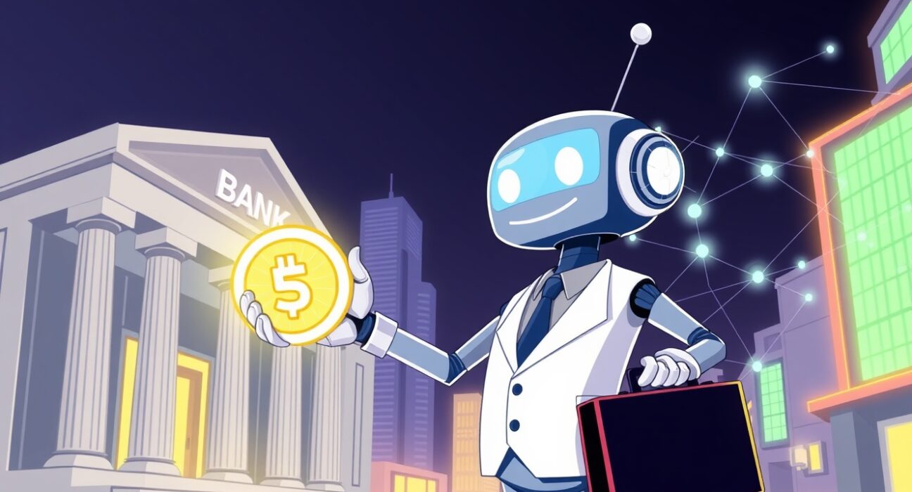 A cartoon robot banker bridging traditional finance and cryptocurrency for stablecoin deposits.