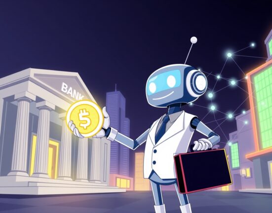 A cartoon robot banker bridging traditional finance and cryptocurrency for stablecoin deposits.