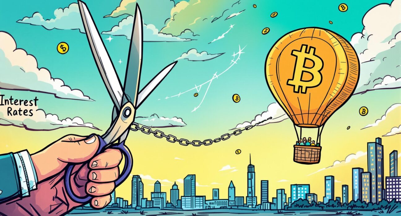 Cartoon showing a Bitcoin balloon rising after a chain representing interest rate cuts is snipped, symbolizing potential crypto market growth.