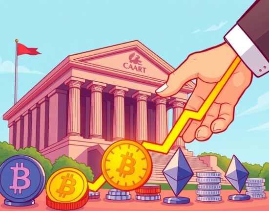 Cartoon showing a Bitcoin balloon rising after a chain representing interest rate cuts is snipped, symbolizing potential crypto market growth.