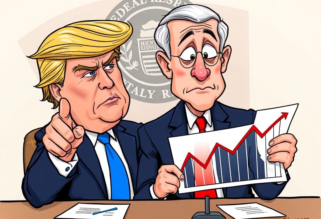 Cartoon showing Donald Trump criticizing Jerome Powell over delayed interest rate cuts, highlighting economic policy debate.