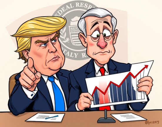 Cartoon showing Donald Trump criticizing Jerome Powell over delayed interest rate cuts, highlighting economic policy debate.
