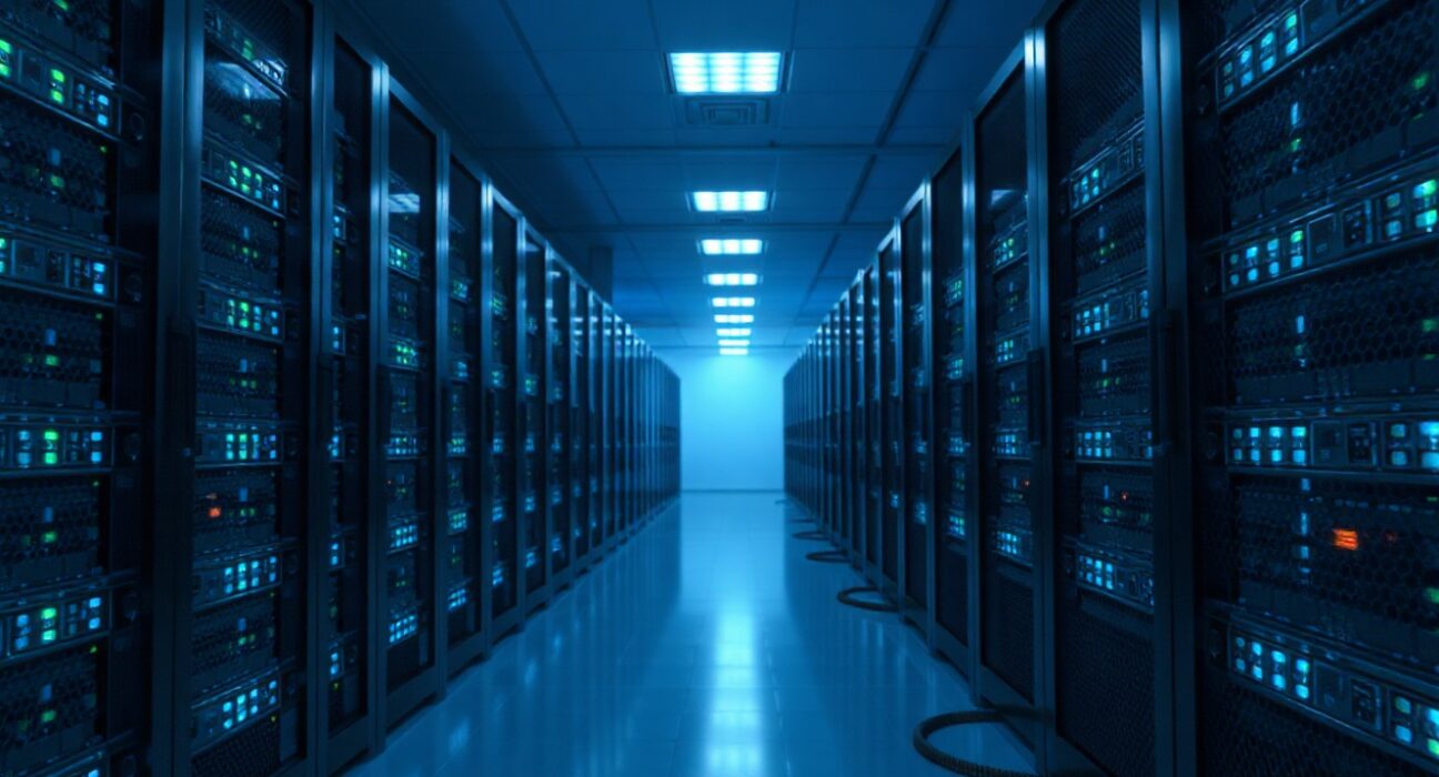 Modern server room with blue and green lights representing the Internet Computer blockchain network.