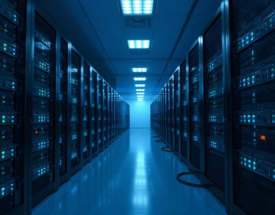 Modern server room with blue and green lights representing the Internet Computer blockchain network.