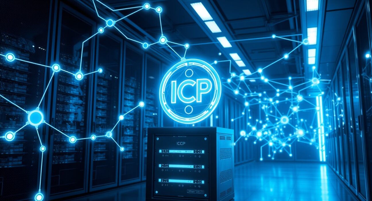 Internet Computer (ICP) price prediction: Futuristic network with ICP token icon in a server room, symbolizing blockchain growth toward $25.