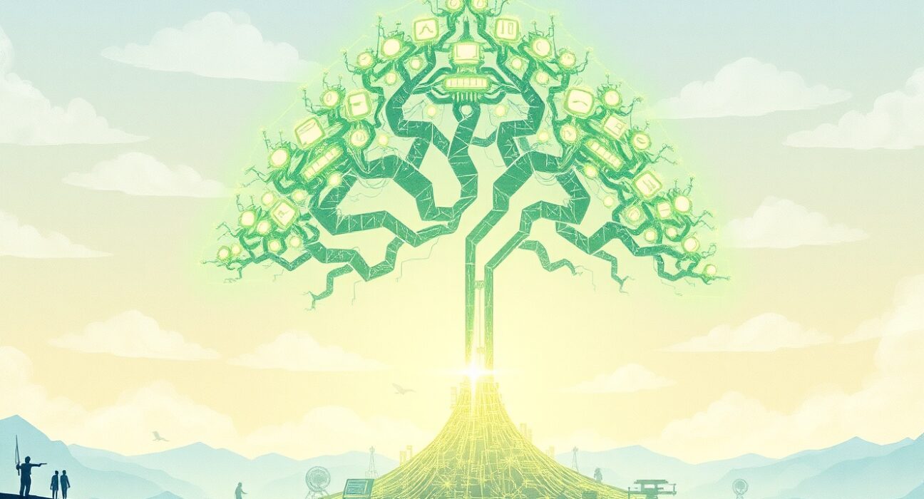 An artistic representation of the Internet Computer (ICP) blockchain's decentralized network and growth potential.