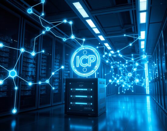 Internet Computer (ICP) price prediction: Futuristic network with ICP token icon in a server room, symbolizing blockchain growth toward $25.