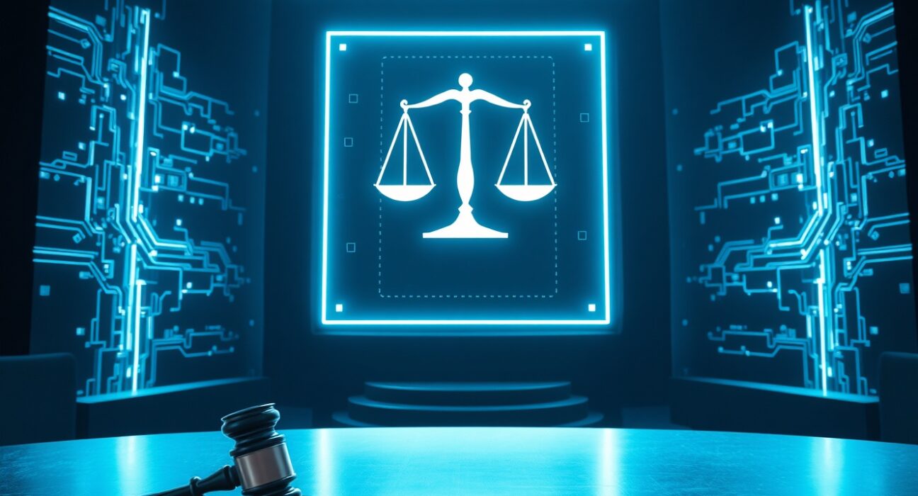 Holographic scale of justice in a futuristic courtroom setting representing AI agent dispute resolution