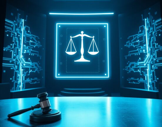 Holographic scale of justice in a futuristic courtroom setting representing AI agent dispute resolution