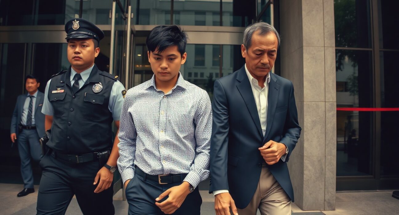 Two suspects in handcuffs escorted by police outside a Bangkok building during an Interpol operation.