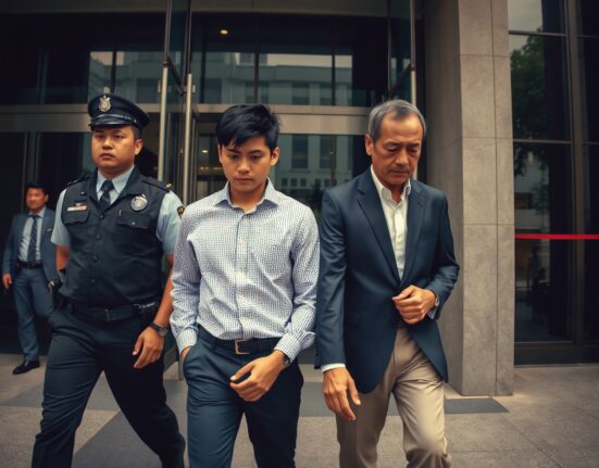 Two suspects in handcuffs escorted by police outside a Bangkok building during an Interpol operation.