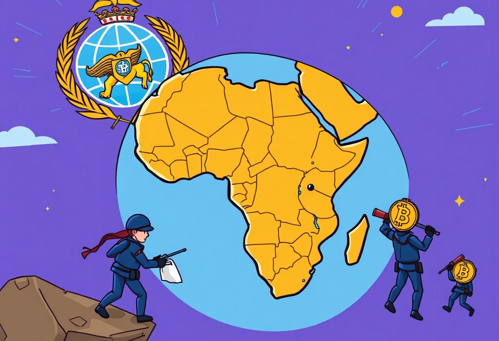 A cartoon illustration showing Interpol successfully disrupting a major crypto scam operation in Africa, securing digital assets.
