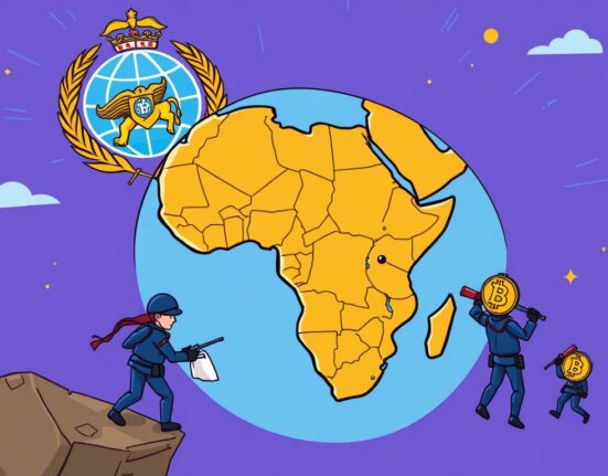 A cartoon illustration showing Interpol successfully disrupting a major crypto scam operation in Africa, securing digital assets.