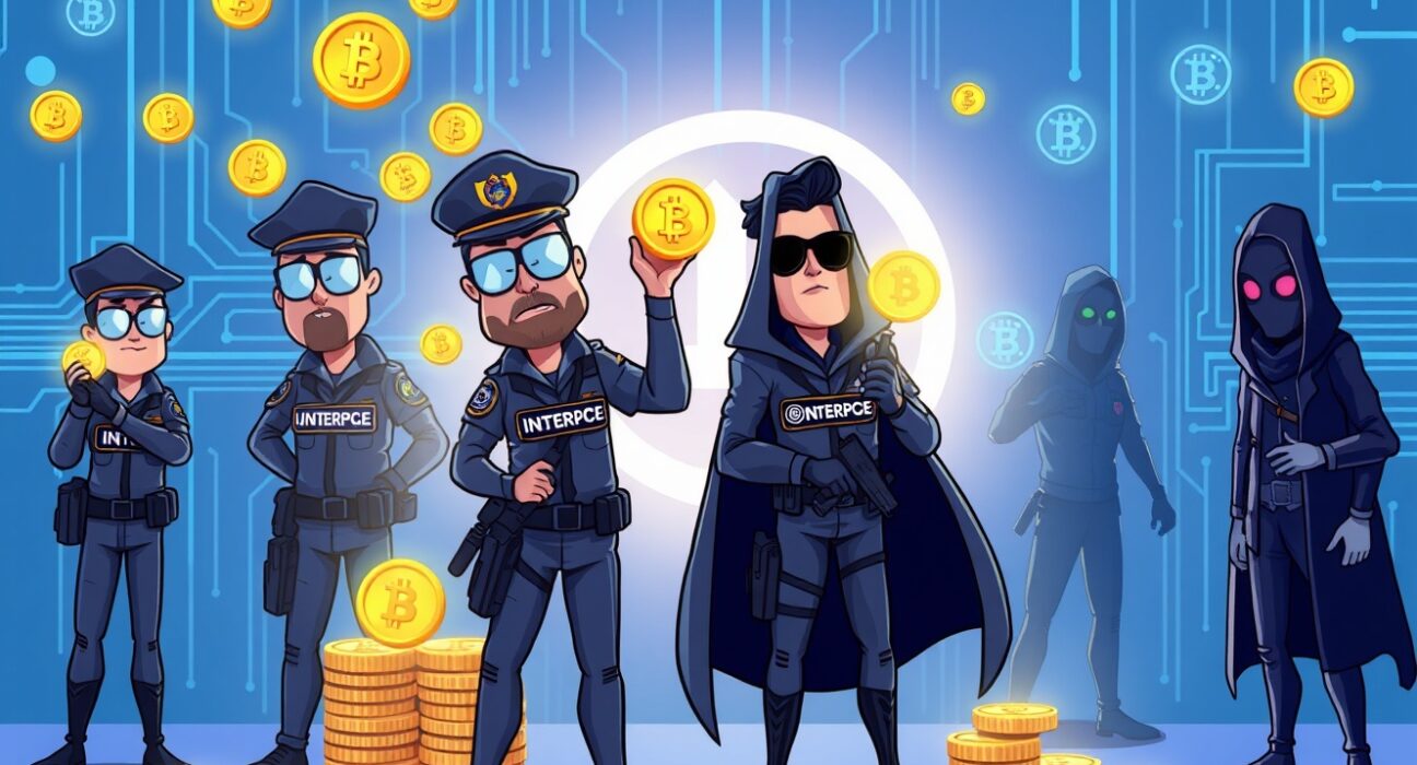 A cartoon illustration of Interpol successfully executing a cryptocurrency seizure, showing digital coins being secured from shadowy figures representing criminals.