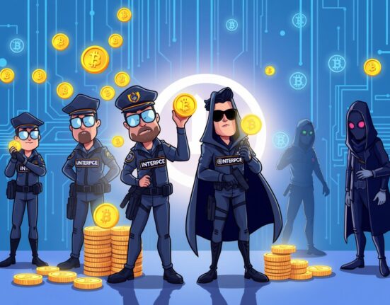 A cartoon illustration of Interpol successfully executing a cryptocurrency seizure, showing digital coins being secured from shadowy figures representing criminals.