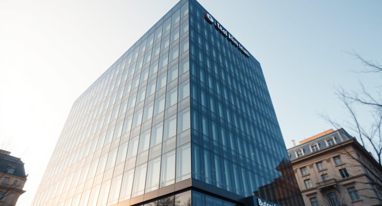 Exterior of Intesa Sanpaolo headquarters in Milan on a sunny day