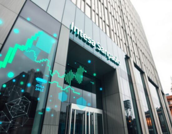 Exterior of Intesa Sanpaolo bank headquarters with subtle digital cryptocurrency overlay reflecting in glass facade