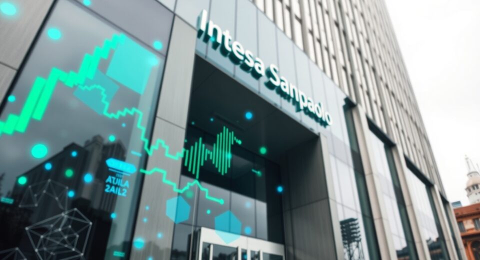 Exterior of Intesa Sanpaolo bank headquarters with subtle digital cryptocurrency overlay reflecting in glass facade