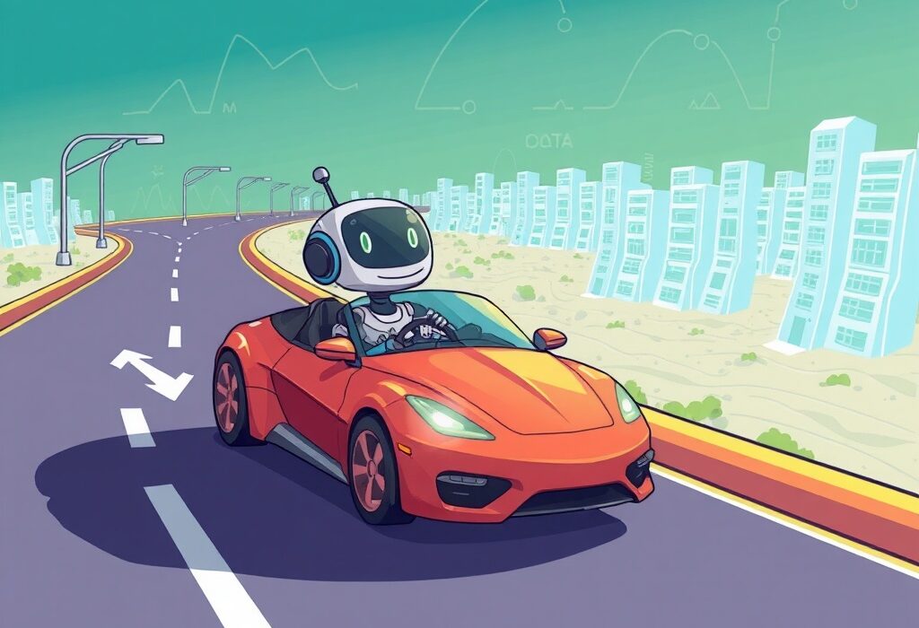 A futuristic AI agent confidently navigates a data highway, symbolizing the crucial role of Intuition data standards in agentic AI.