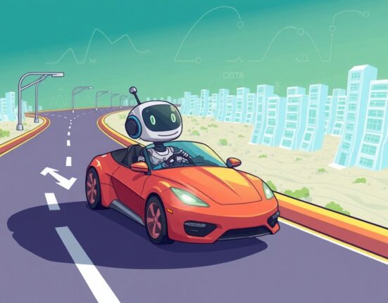 A futuristic AI agent confidently navigates a data highway, symbolizing the crucial role of Intuition data standards in agentic AI.