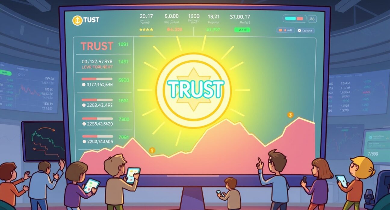 A cartoon illustration showing the excitement and new opportunities surrounding the Intuition TRUST listing on a major crypto exchange.