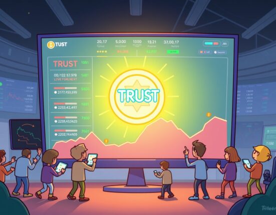 A cartoon illustration showing the excitement and new opportunities surrounding the Intuition TRUST listing on a major crypto exchange.