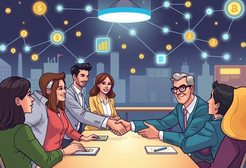 A cartoon illustration of Inversion Labs funding success, depicting blockchain integration transforming traditional businesses into profitable ventures.