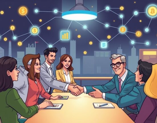 A cartoon illustration of Inversion Labs funding success, depicting blockchain integration transforming traditional businesses into profitable ventures.