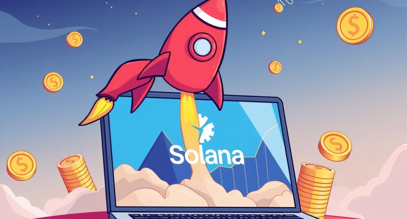 A cartoon rocket representing the imminent launch of a Solana ETF blasting off from a financial chart.