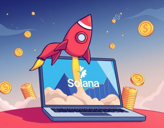 A cartoon rocket representing the imminent launch of a Solana ETF blasting off from a financial chart.