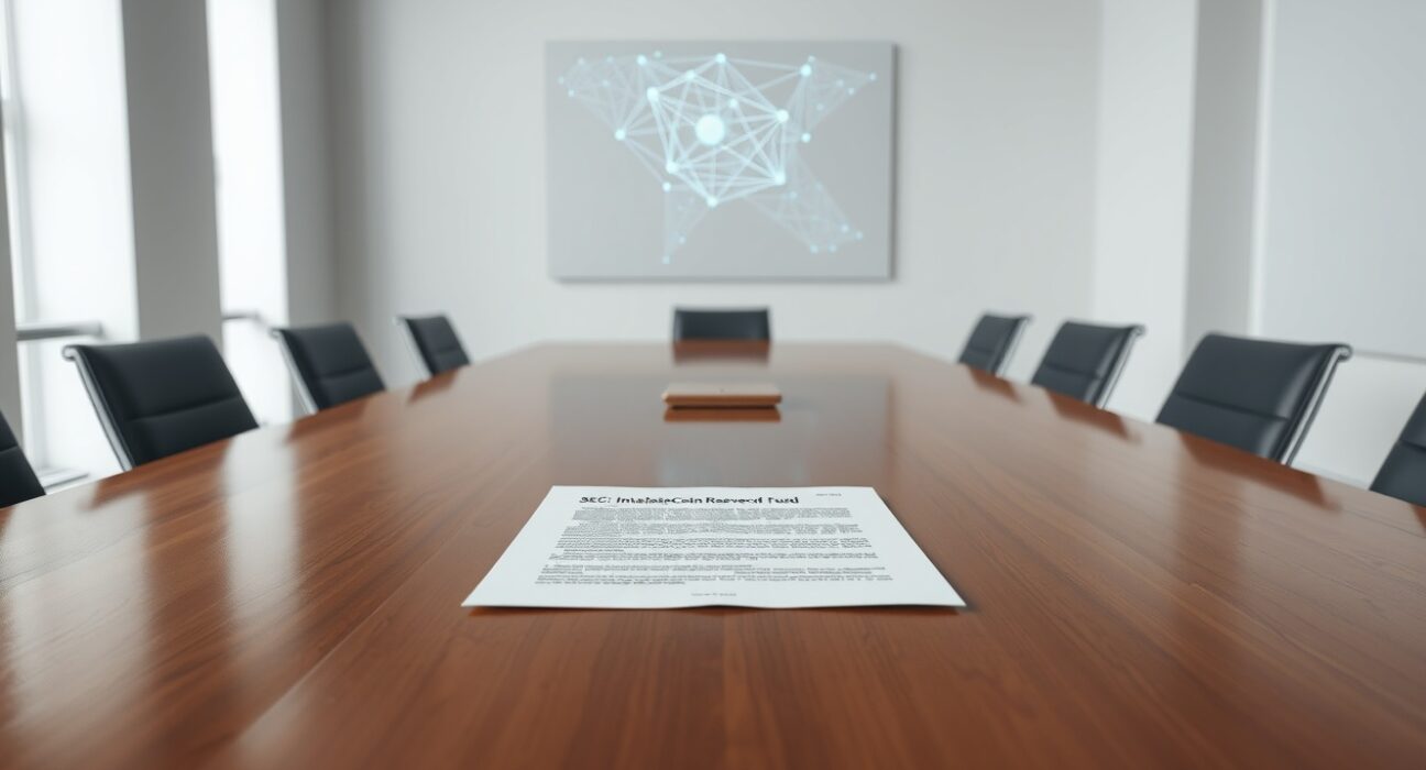 Invesco SEC filing document for a tokenized stablecoin reserve fund on a boardroom table.