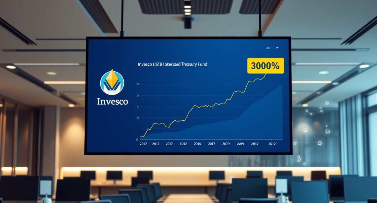 Digital dashboard showing Invesco USTB tokenized Treasury fund with a 300% growth chart in a modern financial office.
