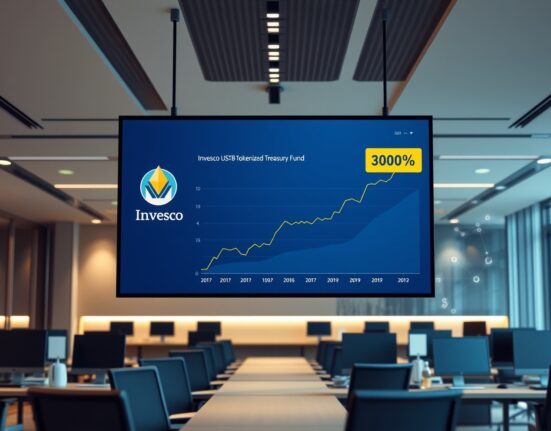 Digital dashboard showing Invesco USTB tokenized Treasury fund with a 300% growth chart in a modern financial office.