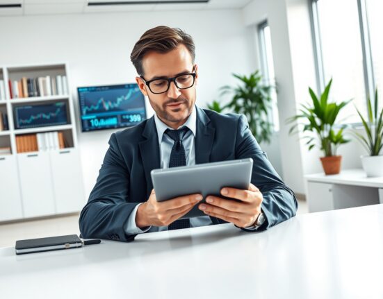 Investment advisor analyzing Solana ETF performance data in professional office setting