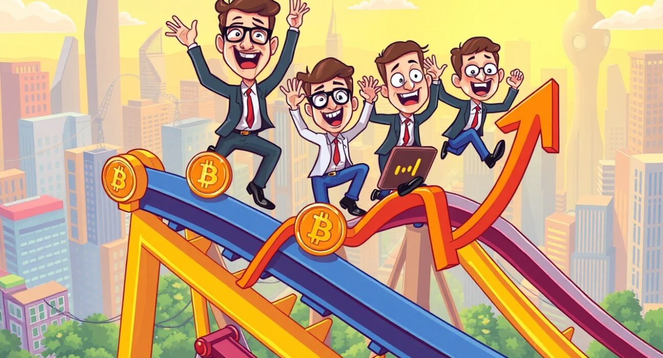 Investors buying crypto-related stocks dip during market volatility with confident expressions