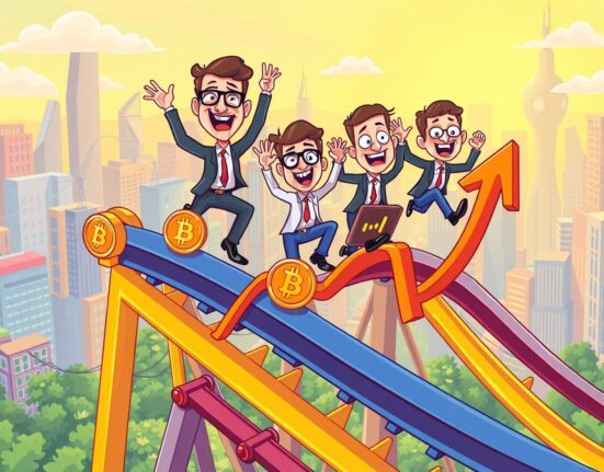 Investors buying crypto-related stocks dip during market volatility with confident expressions