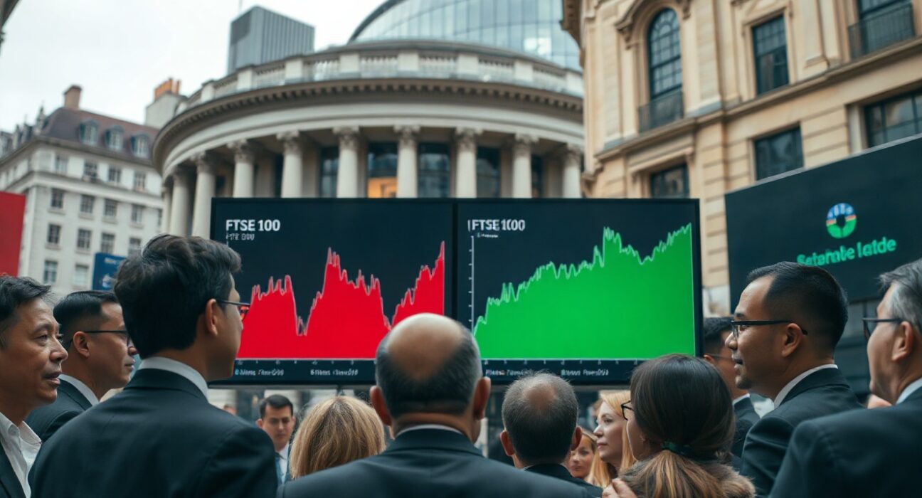 Investors monitoring FTSE 100 and semiconductor index charts on digital screen in London financial district